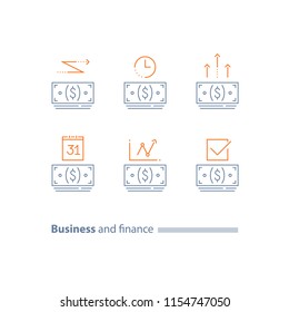 Installment payment, calendar payment day, time period, money bundle, dollar currency sign, financial transfer, loan approval, annual dividends, accounting services, vector line icon set, thin stroke