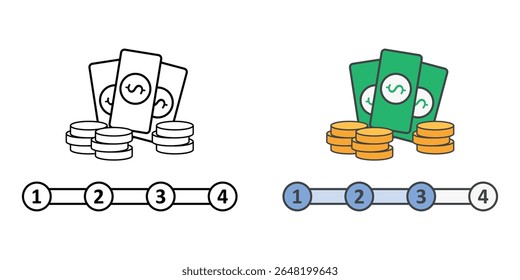 Installment progress tracker icon with money symbol and horizontal progress bar with payment milestones, ideal for BNPL and finance tracking illustrations.