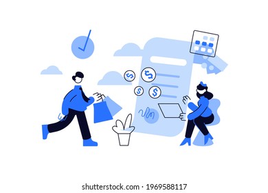 Installment purchase offer and deferment of payment. Customer service, net payment terms. Online shopping, internet retail and e-commerce. Vector people buying goods via internet app flat illustration