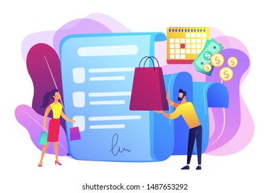 Installment purchase offer, shopping business, convenient customer service. Deferment of payment, net payment terms, buy now pay later concept. Bright vibrant violet vector isolated illustration