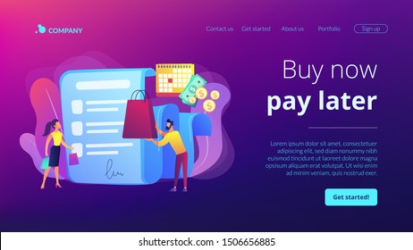 Installment purchase offer, shopping business, convenient customer service. Deferment of payment, net payment terms, buy now pay later concept. Website homepage landing web page template.