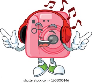Instan camera cartoon character design Listening music on a headset