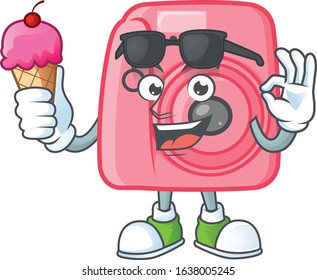 Instan camera mascot cartoon style eating an ice cream