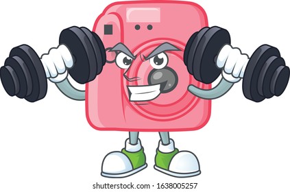 Instan camera mascot icon on fitness exercise trying barbells