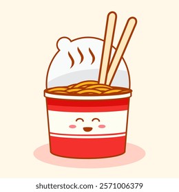 Instan Ramen Noodle Cup Cute Illustration. Food Cartoon Character With Smile