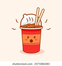 Instan Spicy Noodle Cup Cute Illustration. Food Cartoon Character