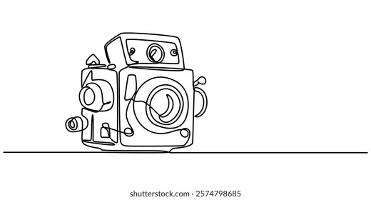 Instant Camera Continuous Line Drawing with Editable Stroke and Copy Space, Digital camera continuous one line drawing. Isolated on white background vector illustration, One single line drawing of old