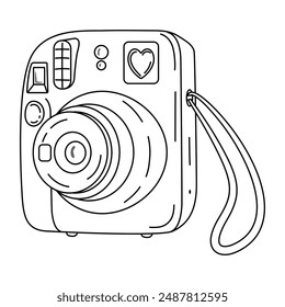 Instant camera device, line art. Photography camera Hand drawn doodle style coloring page. Icon for websites or mobile applications. Flash and lens visible. Vector illustration