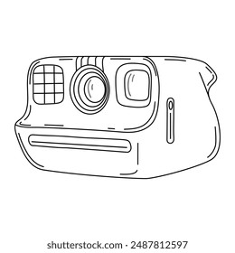 Instant camera device, line art. Photography camera Hand drawn doodle style coloring page. Icon for websites or mobile applications. Flash and lens visible. Vector illustration