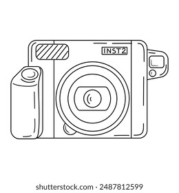 Instant camera device, line art. Photography camera Hand drawn doodle style coloring page. Icon for websites or mobile applications. Flash and lens visible. Vector illustration