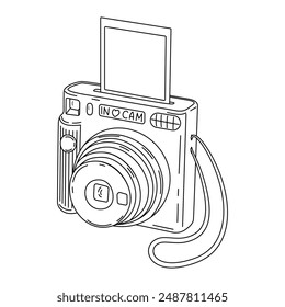 Instant camera device with photo, line art. Photography camera Hand drawn doodle style coloring page. Icon for websites or mobile applications. Flash and lens visible. Vector illustration