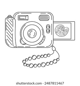 Instant camera device with photo, line art. Photography camera Hand drawn doodle style coloring page. Icon for websites or mobile applications. Flash and lens visible. Vector illustration