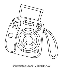 Instant camera device with photo, line art. Photography camera Hand drawn doodle style coloring page. Icon for websites or mobile applications. Flash and lens visible. Vector illustration