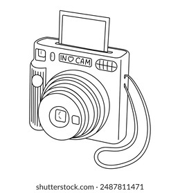 Instant camera device with photo, line art. Photography camera Hand drawn doodle style coloring page. Icon for websites or mobile applications. Flash and lens visible. Vector illustration