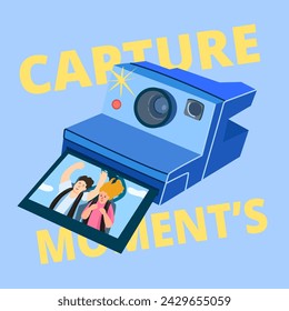 an instant camera with a photograph depicting a young man and woman riding an attraction. concept of happy moments and memories. capture moments