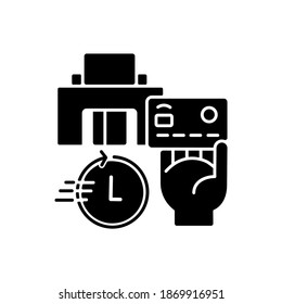 Instant card issuance black glyph icon. Quick money access. Mobile banking service. Credit card payment. Financial transaction. Silhouette symbol on white space. Vector isolated illustration