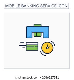 Instant card issuance color icon. Credit or debit card is issued and activated on spot, can be used immediately. Saving time.Mobile banking service concept. Isolated vector illustration