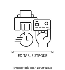 Icono lineal de emisión instantánea de tarjeta. Acceso rápido a dinero. Banca móvil. Transacciones financieras. Ilustración personalizable de línea delgada. Símbolo de contorno. Dibujo de contorno aislado del vector. Trazo editable