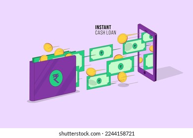 Instant cash loan website banner template with a phone screen, money, and coins, flat vector illustration. fast loan credit to your pocket through the mobile app. 