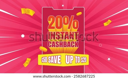 Instant cashback offer banner. Cashback isolated vector. Online shopping partner program. comic background Flying Voucher and voucher coin Money economy service. Vector illustration.