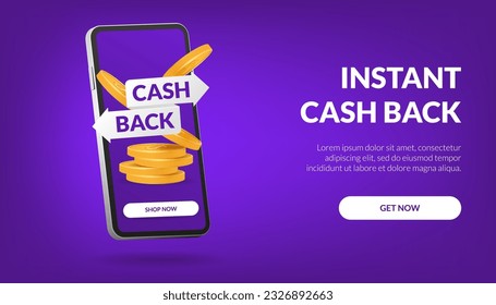 Instant cashback, web banner concept on a mobile app. Ideal for banners, promotions, and online businesses. Illustration of a smartphone symbolizing convenient and secure cashback transactions.