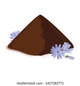 Instant chicory root roasted powder, and fresh chicory flowers. Natural source of inulin, healthy substitute of coffee. Isolated vector on white background