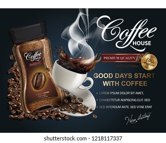 instant coffee ad, with coffee bean elements, navy blue background, 3d illustration