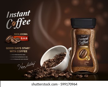 instant coffee ad, with coffee bean elements, bokeh background, 3d illustration