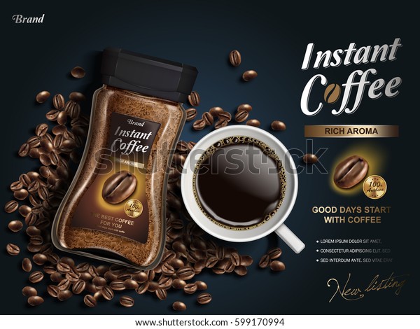 コーヒー豆のエレメントを持つインスタントコーヒー広告 濃い青の背景 3dイラスト のベクター画像素材 ロイヤリティフリー