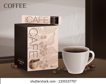 instant coffee ad, with a cup of beverage and beans, coffee packages, 3d illustration