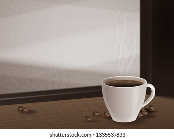 instant coffee ad, with a cup of beverage and beans, 3d illustration