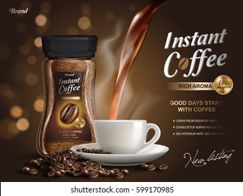 объявление растворимого кофе, с элементами потока кофе, фон боке, 3d иллюстрация