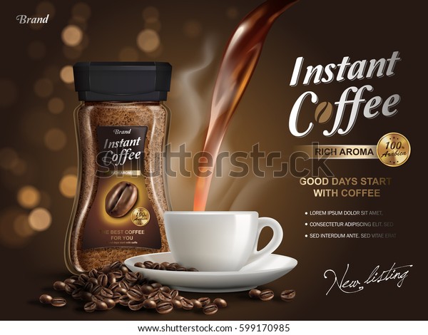 instant coffee ad, with coffee flow\
elements, bokeh background, 3d\
illustration