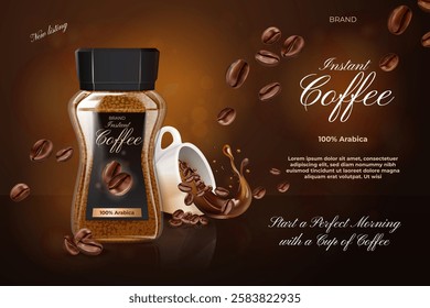 Instant coffee ad. Realistic hot espresso product brand commercial advertisement, new flavor glass jar or warm mug cup advertising banner design template exact vector illustration original artwork