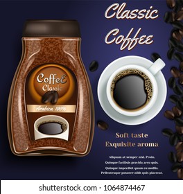 Instant coffee ad. Vector realistic background with instant coffee jar, cup of coffee and copy space. Coffee branding, poster, flyer design template.