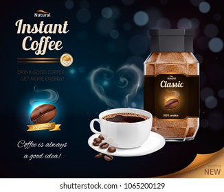 Instant coffee advertisement realistic composition with cup of good black coffee giving more energy vector illustration