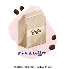 Instant coffee concept. Large bag of grains, ingredient for making fragrant hot drinks. Cappuccino, latte and mochachino. Advertising poster or banner for website. Cartoon flat vector illustration