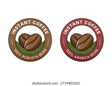 Instant Coffee Label Design Set mit Robusta und Arabica Bohnen Illustration, Runde Plaketten Aufkleber für Kaffee Verpackung, Cafe Branding, Röstung Produktidentität Vektor
