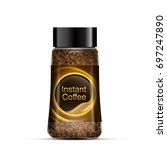 Instant coffee package design. Transparent glass bottle. Vector template