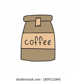 Sofortiger Kaffee in Papierverpackung mit dem Etikett Kaffee. Vektorgrafik im Doodle-Stil.