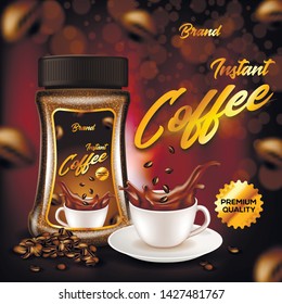 Instant Coffee of Premium Quality Advertising Banner, Glass Bottle and White Porcelain Cup on Plate with Black Beverage Splash, Heap of Coffee Beans, Mockup Design, 3d Vector Realistic Illustration