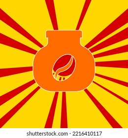 Símbolo de café instantáneo en un fondo de líneas radiales de explosión de flash rojo. En el centro de la salida del sol hay un gran símbolo naranja. Ilustración del vector sobre fondo amarillo