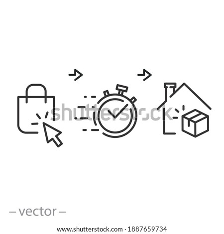 instant collect with click icon, buy online, fast time delivery on the home, quick receive order, thin line symbol on white background - editable stroke vector illustration eps10