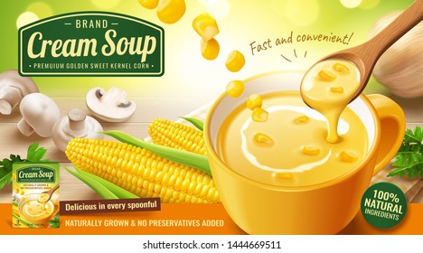 Instant corn cream soup ads with mushroom and onion on wooden table in 3d illustration