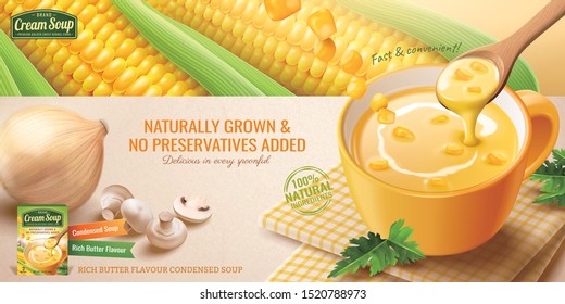 Instant corn cream soup ads with fresh corncob in 3d illustration