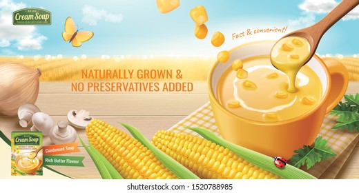 Instant corn cream soup ads with fresh corncob on wooden table and bokeh blue sky in 3d illustration