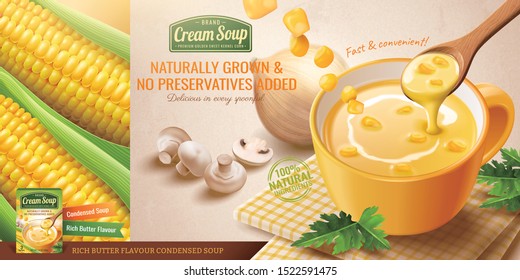 Instant corn cream soup ads with fresh corncob in 3d illustration