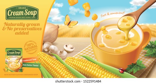 Instant corn cream soup ads with fresh corncob on wooden table and bokeh blue sky in 3d illustration