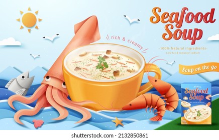 Instant creamy seafood soup ad. 3d illustration of marine lives surrounding a cup of seafood chowder on wavy sea background