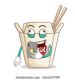 instant cup noodle cartoon character holding a smartphone and do selfie with funny expression